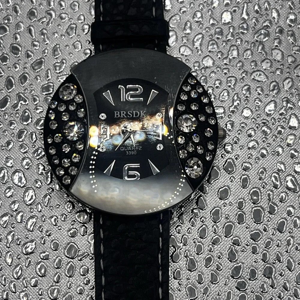 BRSDK Watch Quartz 3390 New Battery Black W/ Rhinestones Silver Numbers
